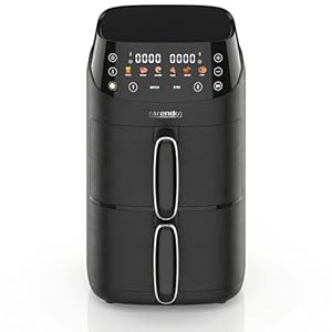 Arendo - Mini Heißluftfritteuse 2 Kammern - 5 Liter Doppelstock – 2000 Watt – 2 Frittierbehälter inkl. Abtropfblech – 6 Funktionsprogramme – Sync und Match-Funktion – kompakt und platzsparend