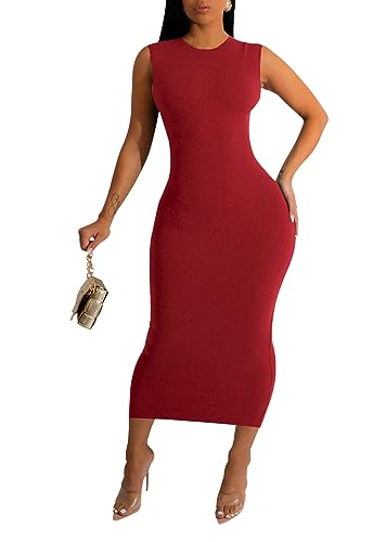 Image of YouSexy Sexy Bodycon Ribbed Tank Dress for Women Sleeveless Casual Party Club Midi Dresses