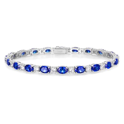Wyyxl Womens Blue Sapphire Bracelet Wedding Birthday Saphire Jewelry 14K White Gold Plated Ladys 14 Carat CZ & September Birthstone Tennis Bracelets Length 7 Inch with Fold Over Clasp