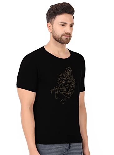 Image of prabhu bhakti Krishna Printed Cotton Round Neck Half Sleeves Black T Shirt | Boys Trendy Krishna Tshirts | Cotton Devotional Tshirts | Summer Wear Regular Fit Stylish Devotional Unisex Tshirt