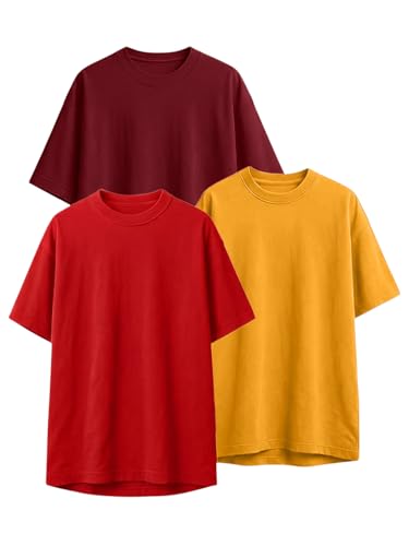 Image of LEOTUDE Women's Drop Shoulder Oversized Baggy Fit Half Sleeve Plain Solid Round Neck Multicolor T-Shirt Combo for Women's (Pack of 3)