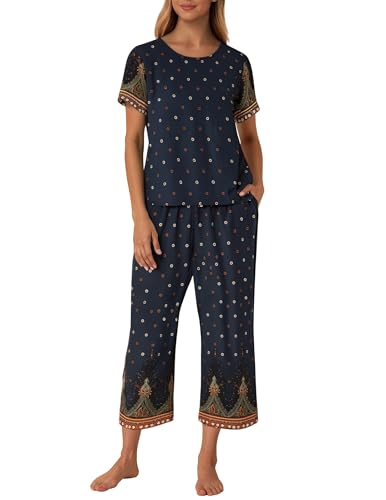 Ekouaer Women's Two Piece Lounge Set Short Sleeve Shirt and Capri Pants Mumu Pajama with Pockets Loungewear Pjs Sets
