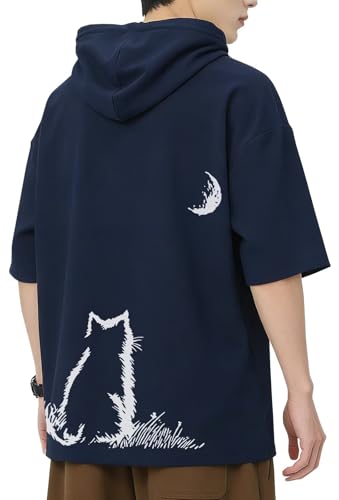 [Bligo] tシャツ 猫柄 メンズ 半袖 夏服 バック プリント パーカー 吸汗速乾 大きいサイズ 涼しい カジュアル 通気性 ファッション 薄手 シンプル 韓国風 ゆったり 春秋 五分袖 軽い 柔らかい 30代 仕事 Dark Blue-3XLの商品画像（Amazon）