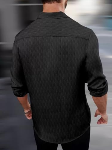 Image of DEELMO Men's Regular Fit Button Down Dress Shirts Textured Long Sleeve Casual Hawaiian Shirt