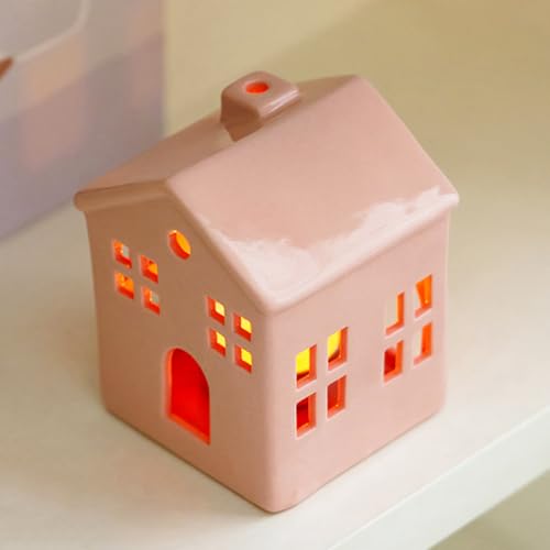 Hollowed Ceramic Village House Tealight Candle Holder for Home Fireplace Mantel Table Centerpiece Winter Holiday Christmas Decorations (Pink)