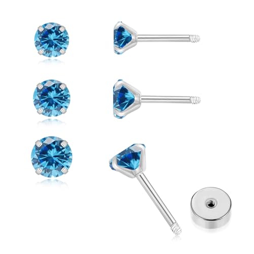 3Pairs CZ Stud Flat Screw Back Earring Studs for Women, Handmade 20G Hypoallergenic Screw Back Cartilage Helix Piercing Stud Earrings (2mm/3mm/4mm Silver, Aquamarine CZ)