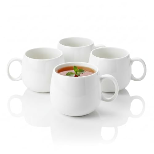 Wilmax - Lot de 4 tasses à thé et à café - 400 ml - En porcelaine - Avec poignées - Pour thé, café, cappuccino - Blanc