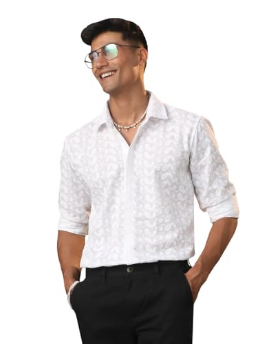 Image of VASTRAMAY Men's Cotton Ethnic Shirt I Slim Fit Solid Chikankari Regular Shirt I Everyday Casual Summer Ease Long Sleeves Shirts