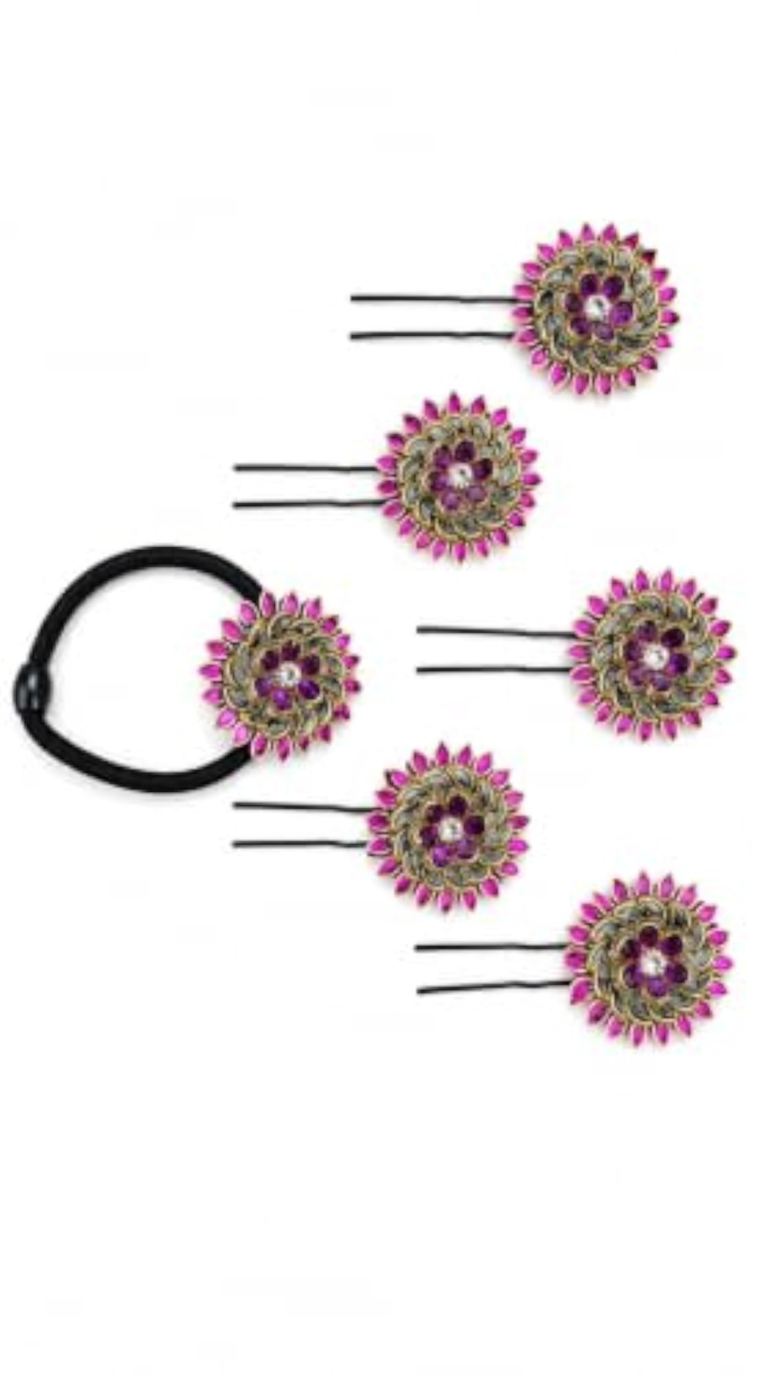 Handmade Floral Hair Pin & Rubber Band Set, Pink Crystal