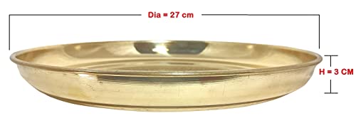 Image of A & H ENTERPRISES Brass Dinner Thali 11 Inch (27 cm) | Heavy Duty Round Brass Plate for Dining, Serving & Pooja | Etching Flower Design Traditional Khumcha Plate (Set of 3 Pc)
