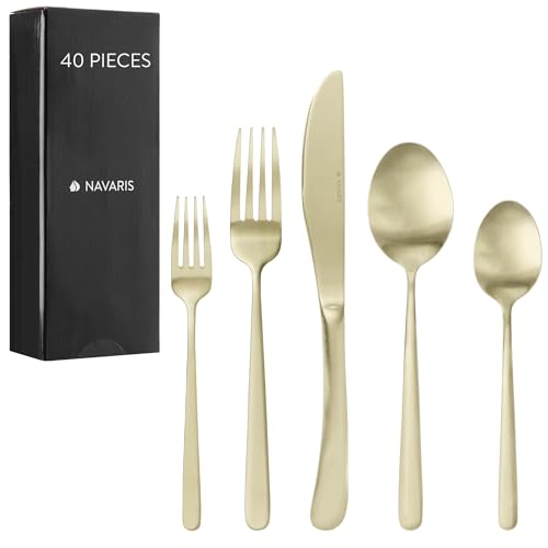 Navaris Edelstahl Besteck Set 8 Personen - 40-teiliges Besteckset in Satin Gold Finish - Besteck Edelstahl 18/0 - Löffel Messer und Gabel Set -...