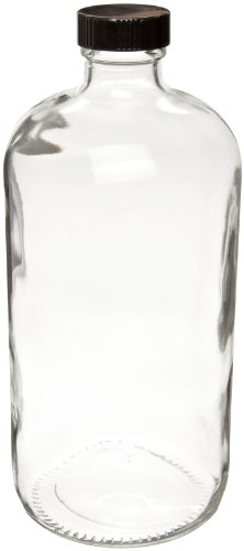 Wheaton W216823 Boston Round Bottle, Clear Glass, Capacity 32oz With 33-400 Black Phenolic Rubber Lined Screw Cap, Diameter 94mm x 206mm (Case Of 12)