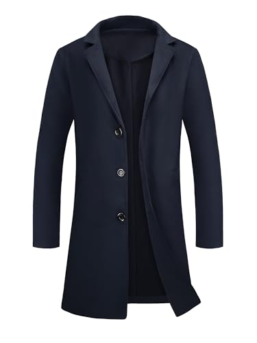 Image of Lars Amadeus Men's Navy Blue Trench Coat Lapel Collar Single Breasted Warm Long Peacoat Overcoat Medium