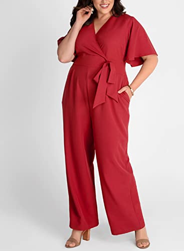 Eytino Womens Plus Size V Neck Jumpsuits Straight Long Pants Business Romper With Pockets Belt,4X Red #TOP2