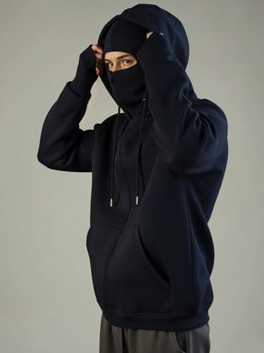 Image of ADRO Men Balaclava Hoodies | 320 GSM Soft Cotton Zipper Hoodie | Thumb-Hole Cuff Gloves | Travel Jacket with Hood | Winter Sweatshirt