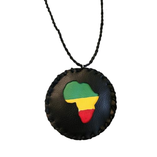 Brownskin Things Africa Medallion Necklace with Rasta Colors, Faux Leather 90’s Africa Medallion, Beaded, Handbraided, Old School Hip Hop Accessories, Handmade