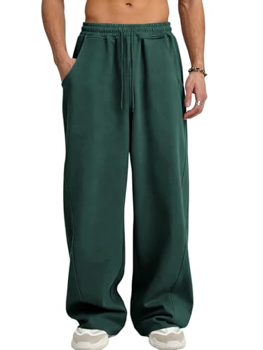 ATOFY Mens Baggy Sweatpants Wide Leg Pants Elastic Waist Drawstring Loose Lounge Joggers Sweatpant with Pockets Green