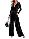 MASCOMODA 2023 Velvet Long Sleeve Wide Leg Jumpsuits for Women Dressy V Neck Belted Romper One Piece Fall Outfits with Pocket, Black, M
