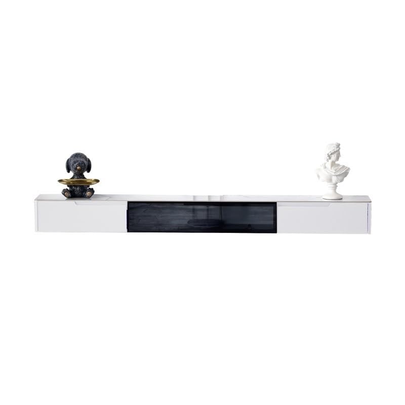 lskdnrufh Consola de medios de estilo minimalista para debajo de la televisión. Unidad de TV flotante montada en la pared con 1 puerta plegable de cristal, 2 cajones y encimera de pizarra (blanco, 180