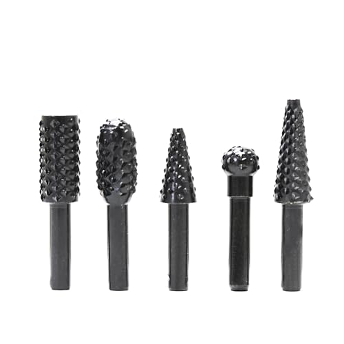 WEITARI 5pcs Rotary File Burr Cutter, Router Bits Woodworking File Rasp Chisel Drill Bit Rotary Cutting Burr Set with 1/4 Inch Shank for DIY Carving, Polishing, Engraving and Drilling (Black)