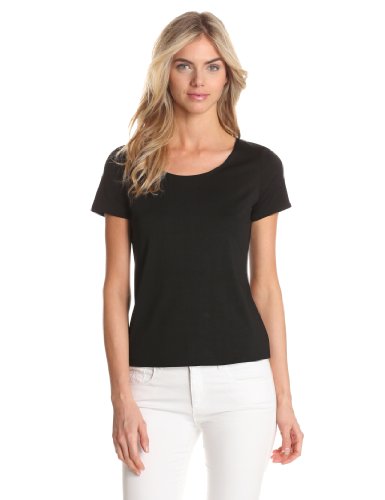 Notations Women's Solid Nylon Spandex Short Sleeve Top, Black, Large
