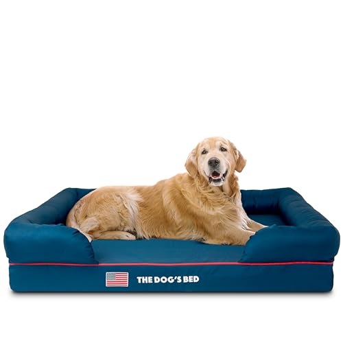 The Dog’s Bed – Orthopaedic Memory Foam Bolster Bed, Blue with Red Trim & USA Flag, XL