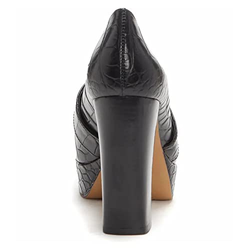 FOWT Women Chunky Heel Loafer, Stylish Square Toe High Heel Shoes, Slip-on Crocodile-Textured Black Pumps, Platform Office Loafer Ladies, Full Size 4-16 M US4