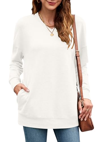 PLOKNRD Mujer Sudadera Cuello V Casual Camiseta Manga Larga Básica Sudadera Mujer sin Capucha con Bolsillos(Blanco Crema L)