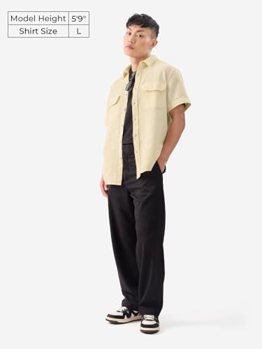 Image of The Souled Store Eggshell White Men and Boys Short Sleeves Collared Neck Button Front Regular Fit Cotton Textured Shirts