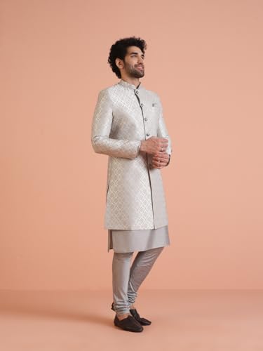 Image of KISAH Men's Silk Blend Full Sleeves Regular Fit Woven Design Blue Kurta Indo Western Sherwani Churidar Set | Traditional Wear for Men