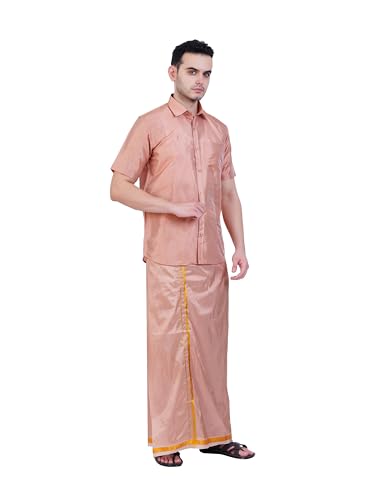 Prakasam Cotton-Mens Art Silk Wedding Set/Art Silk 8 Mulam (8-Yard) Dhoti And Stitched Half Sleeve Shirt