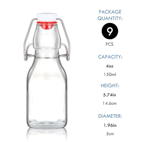 Image of YEBODA 4 oz Clear Swing Top Glass Bottles with Airtight Lids, 9 Pack | Reusable clear glass bottles for home brewing, kombucha, beer, soda, juice, water, kefir, vanilla extract, oil and vinegar