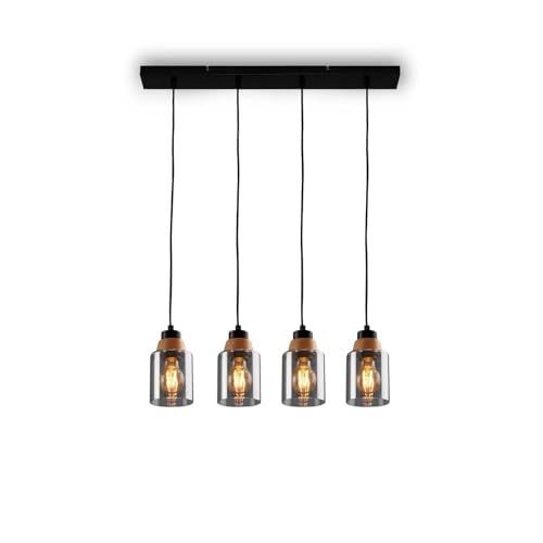 Lámpara colgante de 4 luces de cristal ahumado Briloner con soporte de madera negra