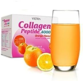 Vistra Collagen Peptide 4000 mg. Boxes containing 10 sachets Swiss Travel collagen peptides orange flavor.