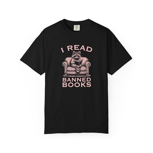 I Read Banned Books, Unisex Garment-Dyed T-Shirt, Funny Raccoon Retro Sitting Couch Sarcastic Bookworm Club Humor CE-241 Black