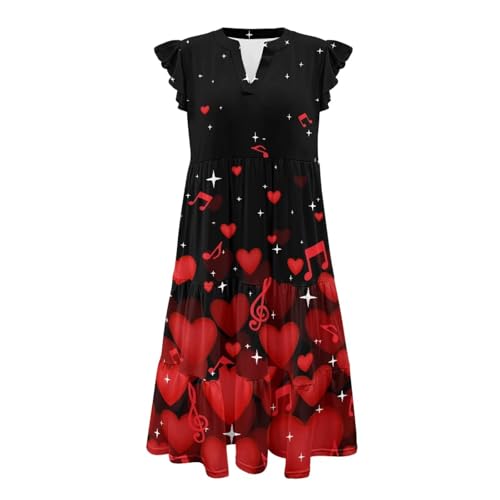 Image of Women's Casual Ruffle Sleeve Dress V Neck Pullover Dress Flowy A-Line Pleated Lightweight Dress with Pockets