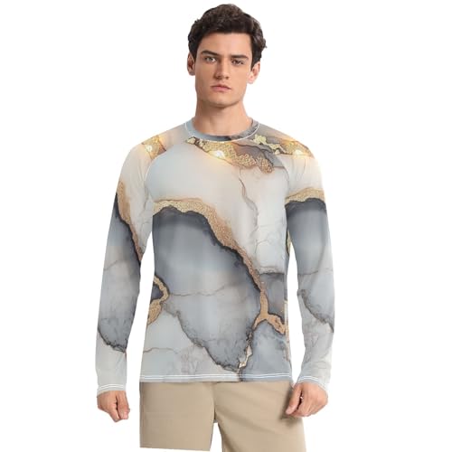 Marble White Grey Men's Swim Shirts UPF 50+ Lightweight Elasticity Sun Shirt for Men Long Sleeve Hiking