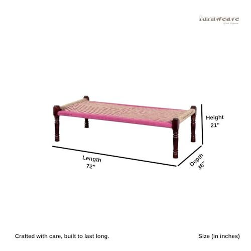 Image of Solid Sheesham Wood Charpai Khat | Handcrafted Daybed Khatiya Charpai with Cotton Rope | Traditional Khat Bed Wooden Diwan Cot for Living Room | 6X3 Feet | Beige and Pink