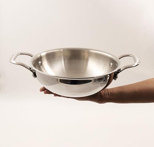 Image of Spillbox Stainless Steel Sandwich Triply Kadhai | Kadai | Wok| Nonstick 3-Layer Body | Steel Cookware | Induction safe | Dishwasher Safe | Food Grade |Heavy |FryPan |Curry |Stirfry |Deepfry (Dia-20cm)