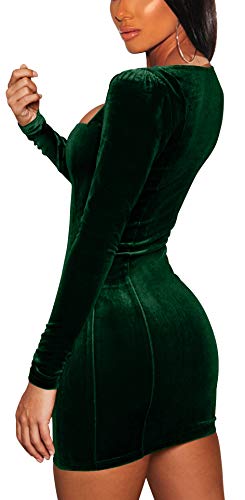 GOBLES Womens Sexy Velvet Long Sleeve Bodycon Elegant Mini Party Dress Dark Green - Image 6