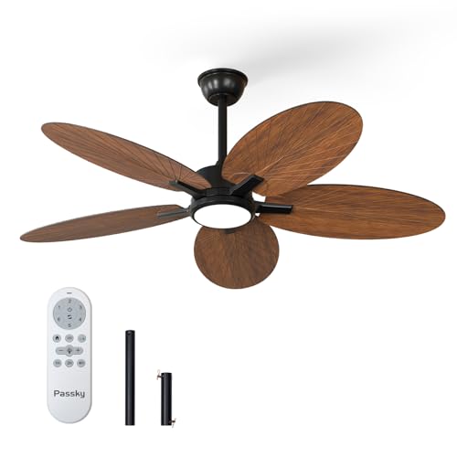Passky Ceiling Fans with Lights 52 inch Tropical Ceiling Fan with Light and Remote Control 3CCT Dimmable Reversible Noiseless Banana-leaf Shape Ceiling Fan for Bedroom living room Coverd Patio