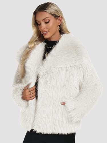 Funlingo Women's Faux Fur Coat Winter Long Sleeve Lapel Cropped Jacket Warm Shaggy Overcoat3
