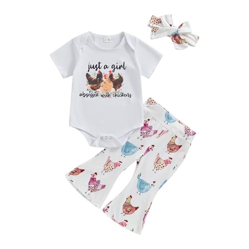Image of Chicken Baby Clothes Baby Girls Funny Letter Romper Chicken Fabric Flare Trousers Heaband Set Country Farm Baby Stuff