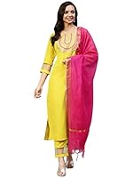 GoSriKi Women's Cotton Blend Embroidered Straight Kurta with Pant & Dupatta (TALPADE-Yellow_5XL-GS_Yellow_XXXXX-Large)