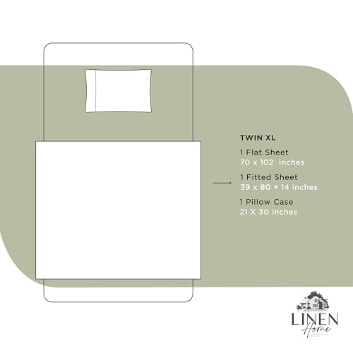 Image of Linen Home 100% Cotton Percale Sheets Twin XL Size, Sage, Deep Pocket, 3 Pieces Set - 1 Flat, 1 Deep Pocket Fitted Sheet and 1 Pillowcase, Crisp Cool and Strong Bed Linen