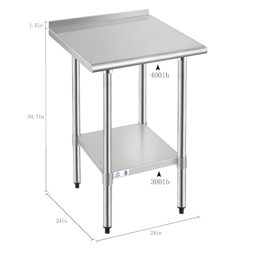 Image of ROCKPOINT Stainless Steel Table for Prep & Work with Backsplash 24x24 Inches, NSF Metal Commercial Kitchen Heavy Duty Table with Adjustable Under Shelf and Table Foot for Restaurant, Home and Hotel