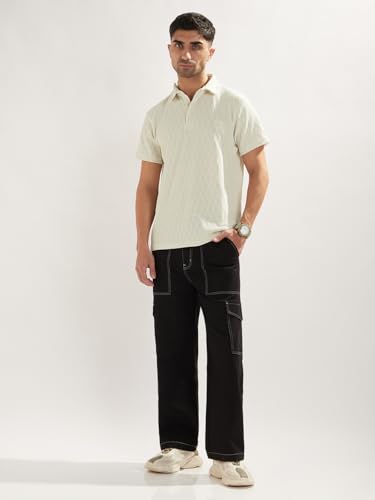 Image of Nobero Textured Polo T-Shirt for Men | Polo T-Shirts for Men | Regular Fit | Textured Fabric | Contrast Collar | Casual & Smart Casual