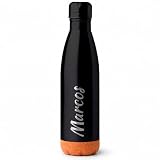 Botella Térmica Personalizada Nombre con Láser, Doble Pared Acero Inoxidable Sin BPA, Negro con Base de Corcho, 520ml (Modelo 2)