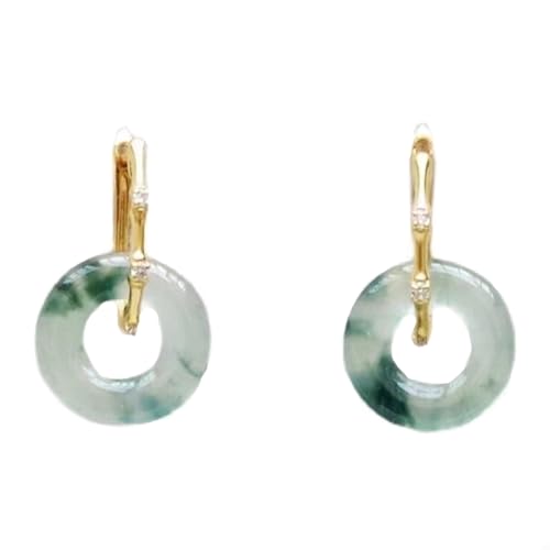 Pendientes de botón de jade verde y plata S925 con hebilla bambú