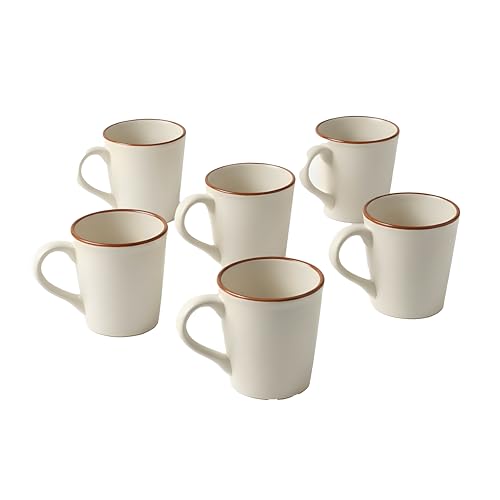 Image of miah decor Stoneware Coffee Mugs Set of 6 (320 ml Each) | Ceramic Tea Cups | Off-White Ribbed Mugs with Brown Rim | Microwave, Oven & Dishwasher Safe | Coffee, Tea, Milk Mugs